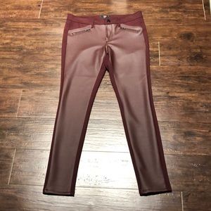 Maroon part-leather fitted pants